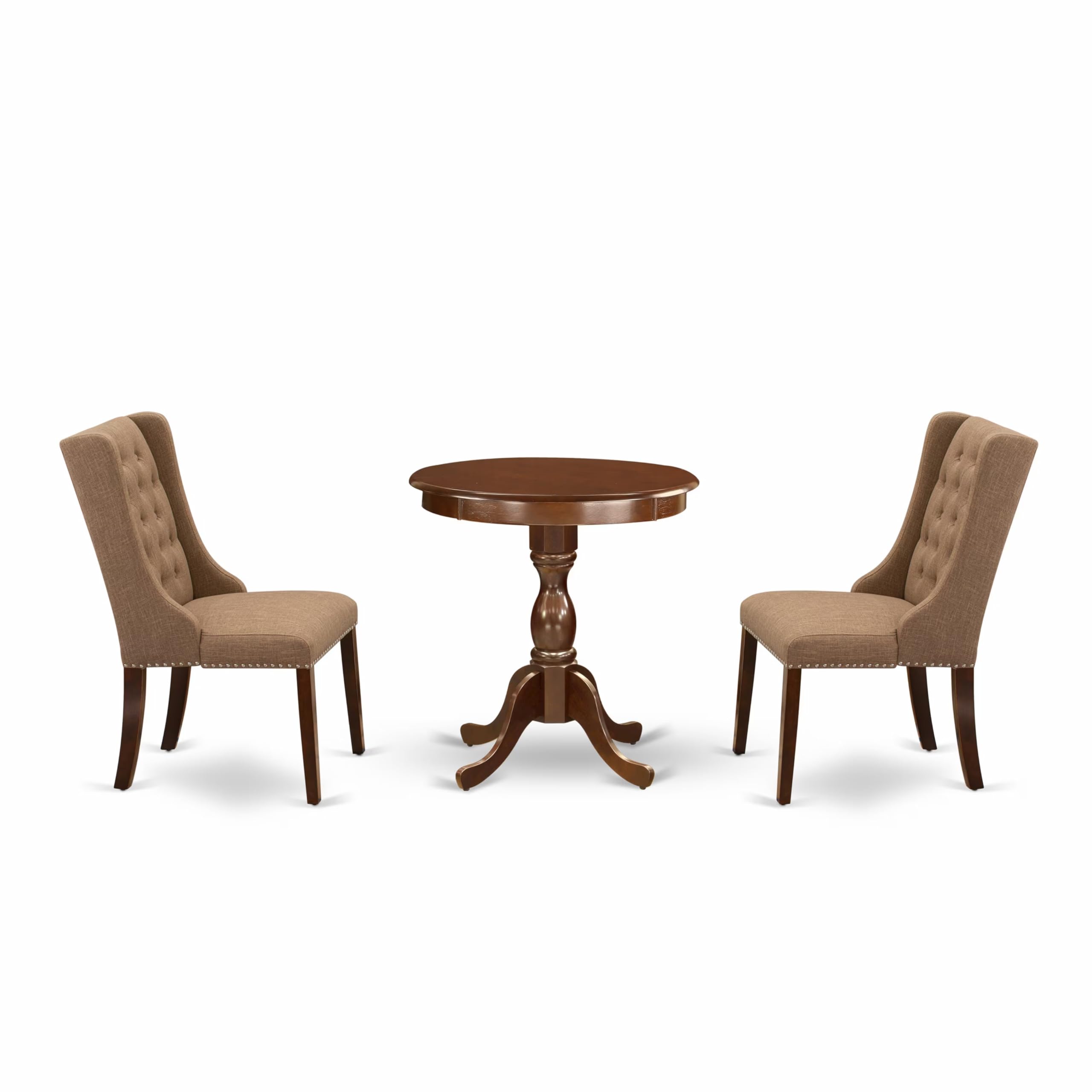East West Furniture Esfo3-Mah-47 3 Piece Dining Table Set Contains A Round Dining Room Table With Pedestal And 2 Light Sable Linen Fabric Upholstered Chairs, 30X30 Inch, Mahogany